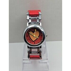 Caite Womens Heart Dial Red Leather Strap Quartz Watch Valentines New Battery